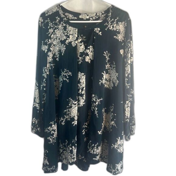 Jodifly Dark Green Floral Long Sleeve Tunic Blouse Keyhole Neck Women's Sz Small - Picture 1 of 9